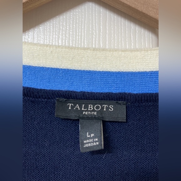 Talbots Cashmere Blend Navy Striped V Neck Cardigan Tennis Sweater Large Varsity - Picture 2 of 7